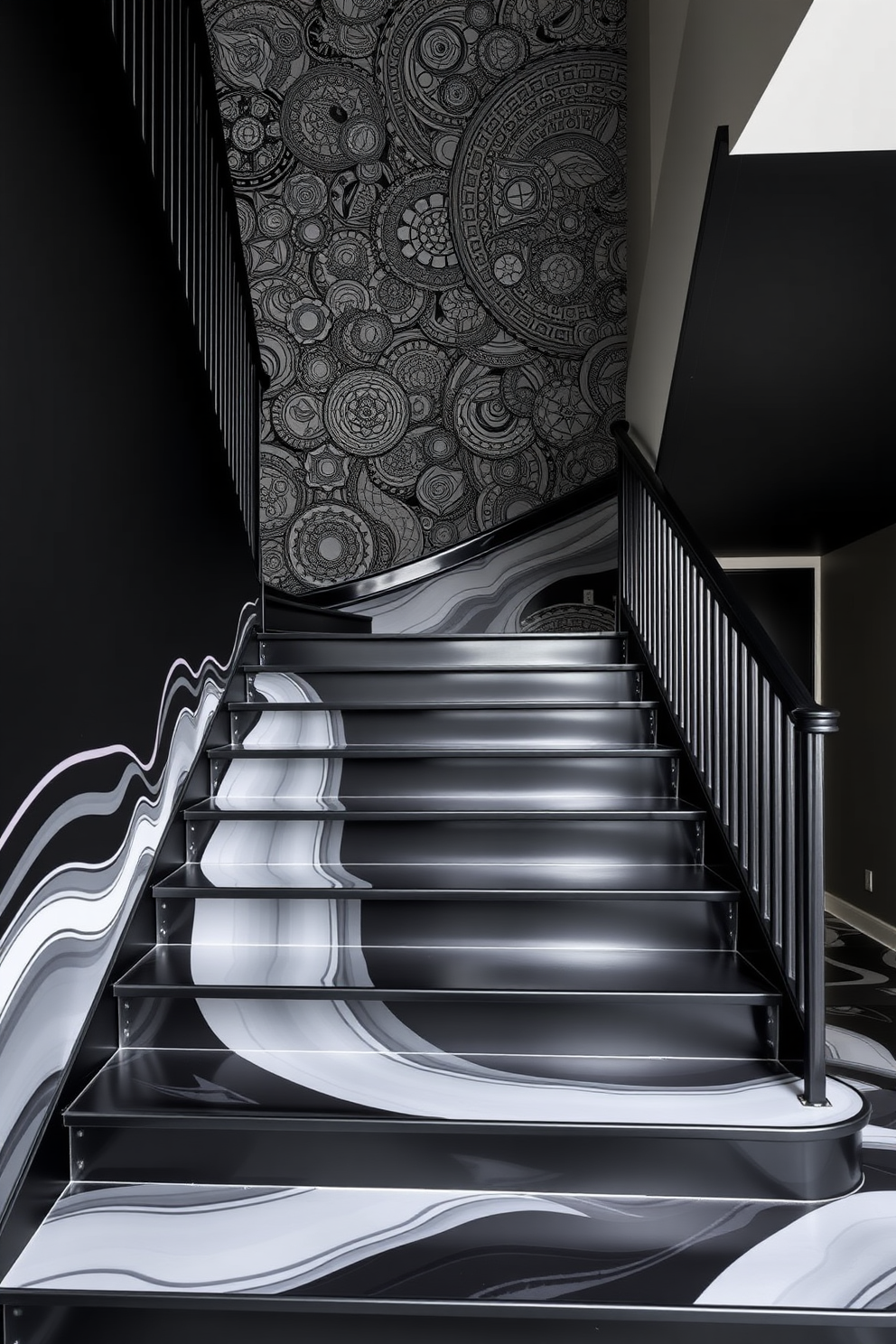 A classic black staircase features ornate details with intricate wrought iron balusters and a polished wooden handrail. The staircase is illuminated by a grand chandelier that hangs gracefully from the ceiling, casting a warm glow on the rich black steps. The walls adjacent to the staircase are adorned with elegant wallpaper, adding a touch of sophistication to the overall design. A plush runner in a contrasting color runs down the center of the stairs, providing both comfort and style.