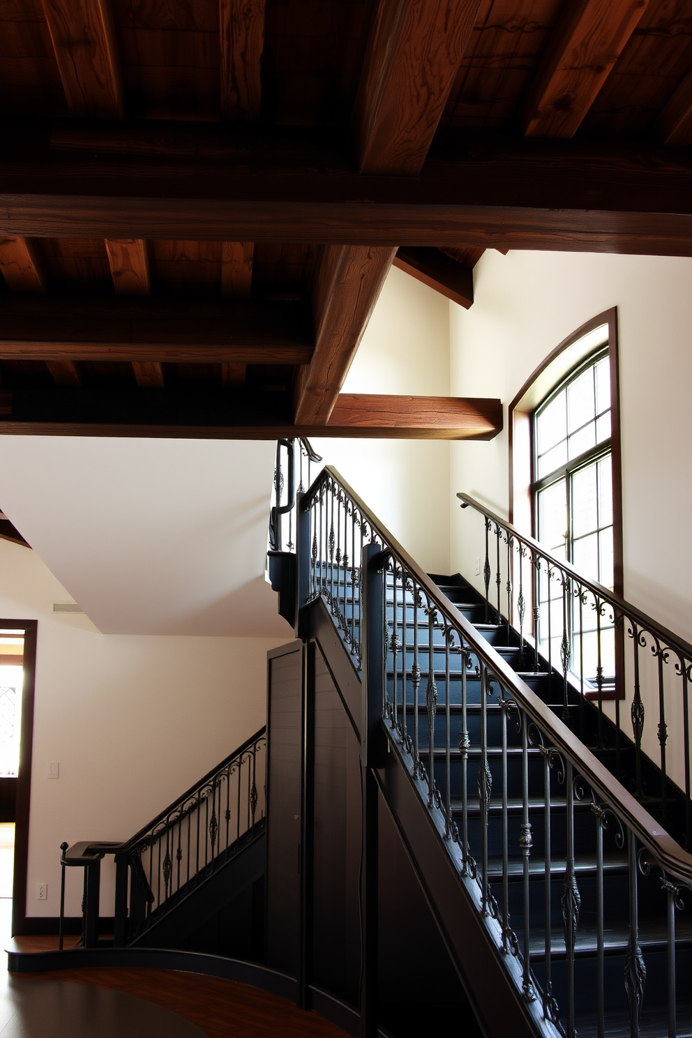 A striking black staircase features built-in storage solutions seamlessly integrated into the design. The storage compartments are elegantly concealed within the staircase steps, providing both functionality and aesthetic appeal. The staircase is adorned with sleek metal railings that complement the modern look. Soft ambient lighting highlights the contours of the black finish, creating a dramatic focal point in the space.