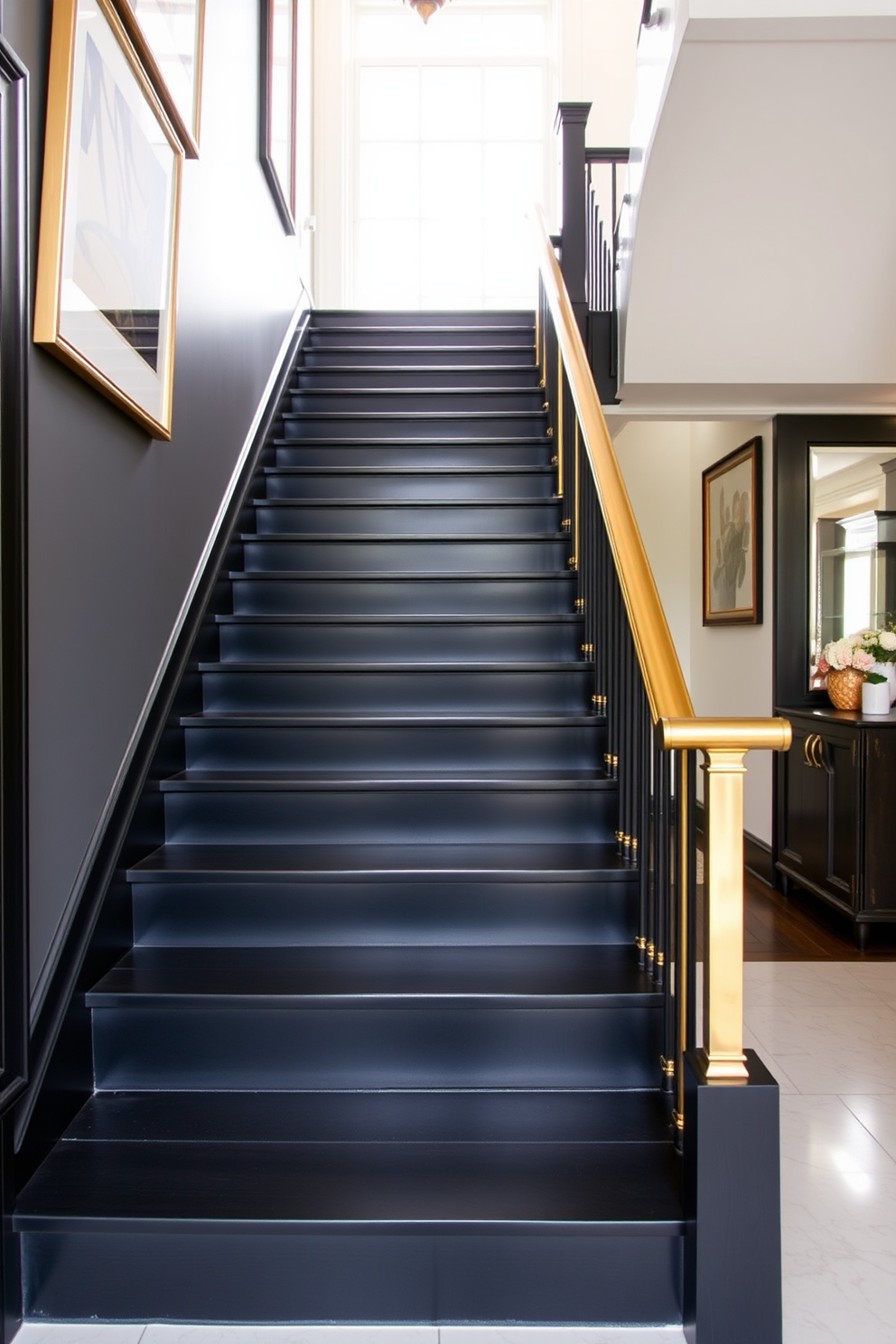 A sophisticated black staircase with elegant brass accents creates a striking focal point in the entryway. The staircase features sleek black risers and treads, complemented by polished brass handrails that add a touch of luxury. The walls surrounding the staircase are adorned with tasteful artwork, enhancing the overall aesthetic. Soft lighting highlights the brass details, creating a warm and inviting atmosphere.