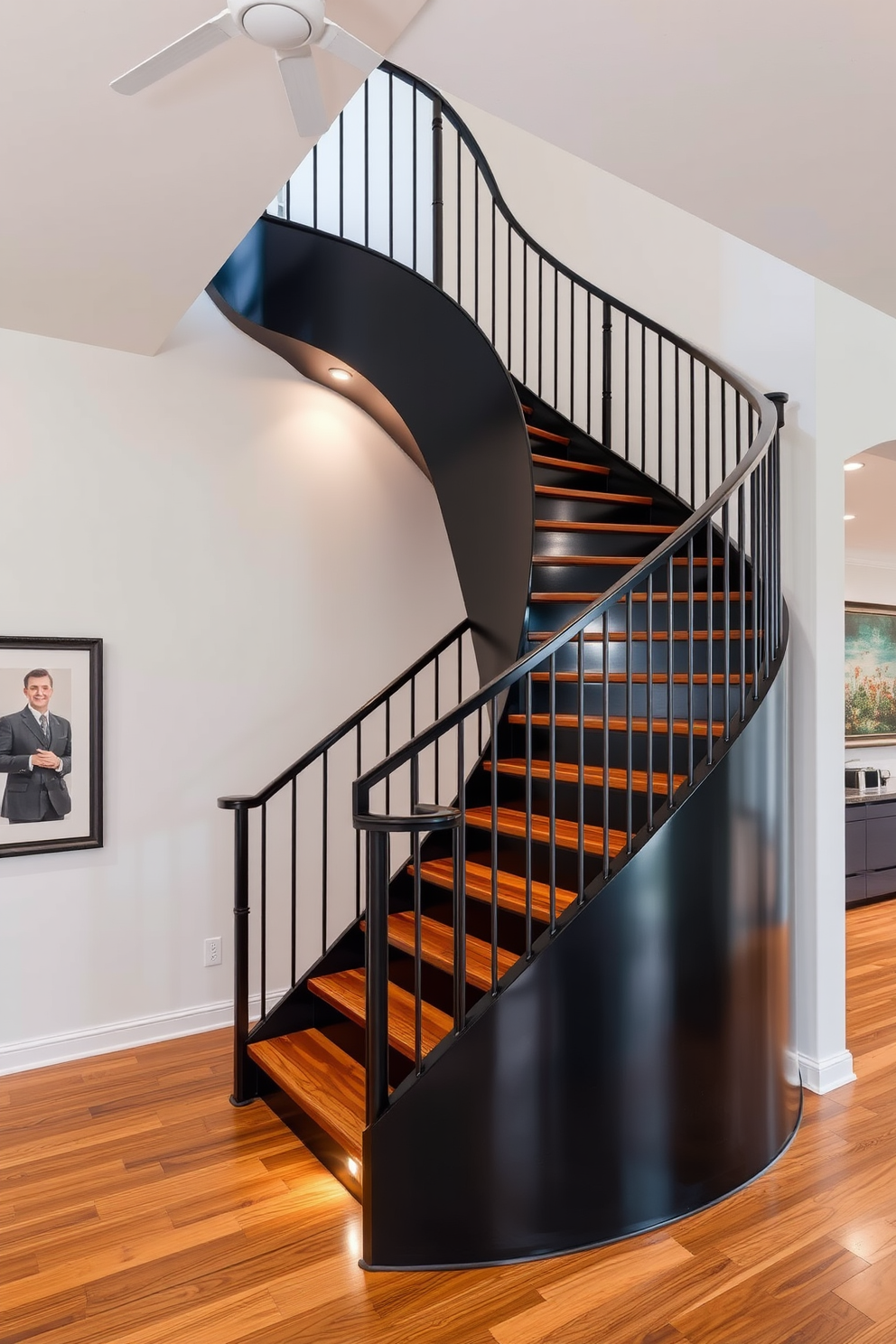 A bold black staircase with a sleek modern design serves as a striking focal point in the entryway. The contrasting handrail features a polished metal finish that complements the staircase's dramatic appearance. Surrounding the staircase, large windows allow natural light to flood the space, highlighting the rich textures of the black steps. The walls are adorned with minimalist artwork that enhances the contemporary aesthetic of the home.