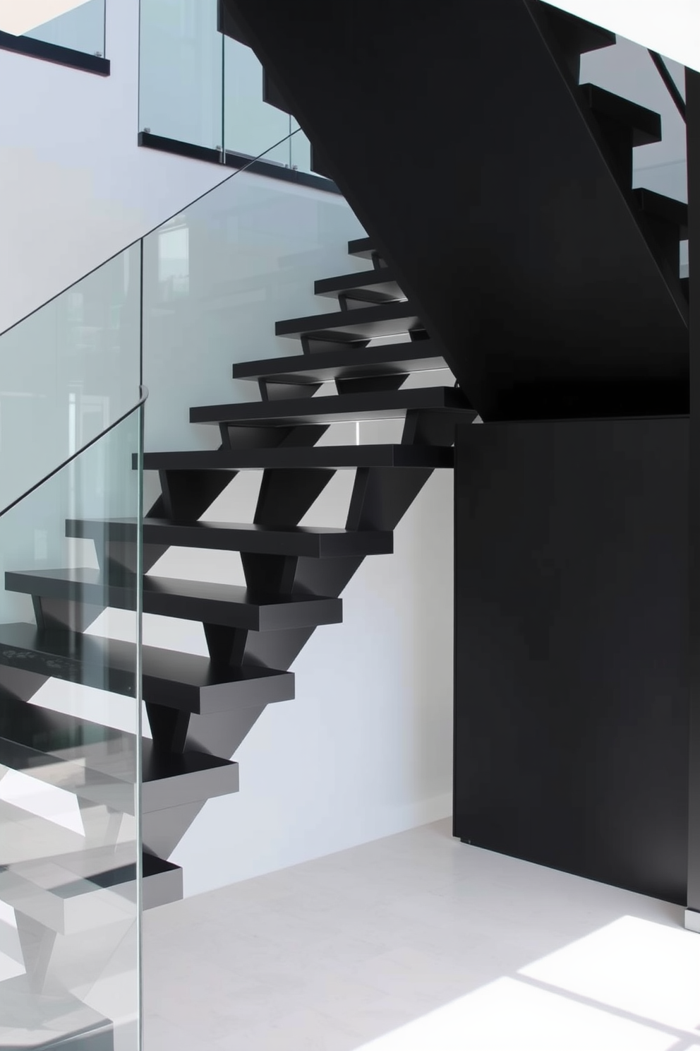 A luxurious black staircase with elegant marble accents flows seamlessly from the ground floor to the upper level. The staircase features a sleek design with polished black steps and intricate marble detailing along the risers, creating a stunning visual impact.