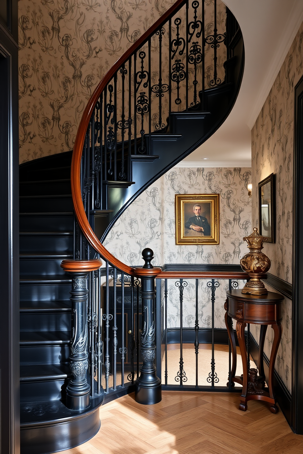 A vintage black staircase with intricate wrought iron details elegantly curves upward, creating a striking focal point in the entryway. The staircase features ornate balusters and a polished wooden handrail that complements the black finish. Surrounding the staircase, the walls are adorned with classic wallpaper, adding a touch of sophistication to the space. Soft lighting highlights the wrought iron elements, casting beautiful shadows and enhancing the vintage charm.