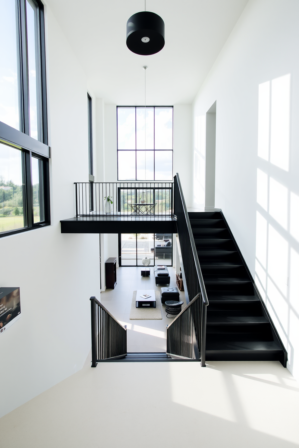 A sleek modern black staircase features clean lines and metal accents that enhance its contemporary appeal. The stairs are illuminated by recessed lighting, creating a striking contrast against the dark finish. The handrail is crafted from brushed steel, adding a touch of industrial elegance to the overall design. Surrounding the staircase, large windows allow natural light to flood in, highlighting the beauty of the materials used.