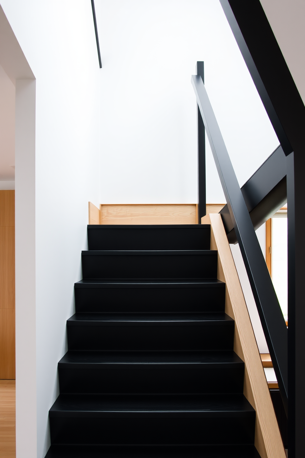 A striking Scandinavian black staircase features sleek lines and minimalist design. Light wood elements accentuate the staircase, creating a harmonious contrast that enhances the overall aesthetic.