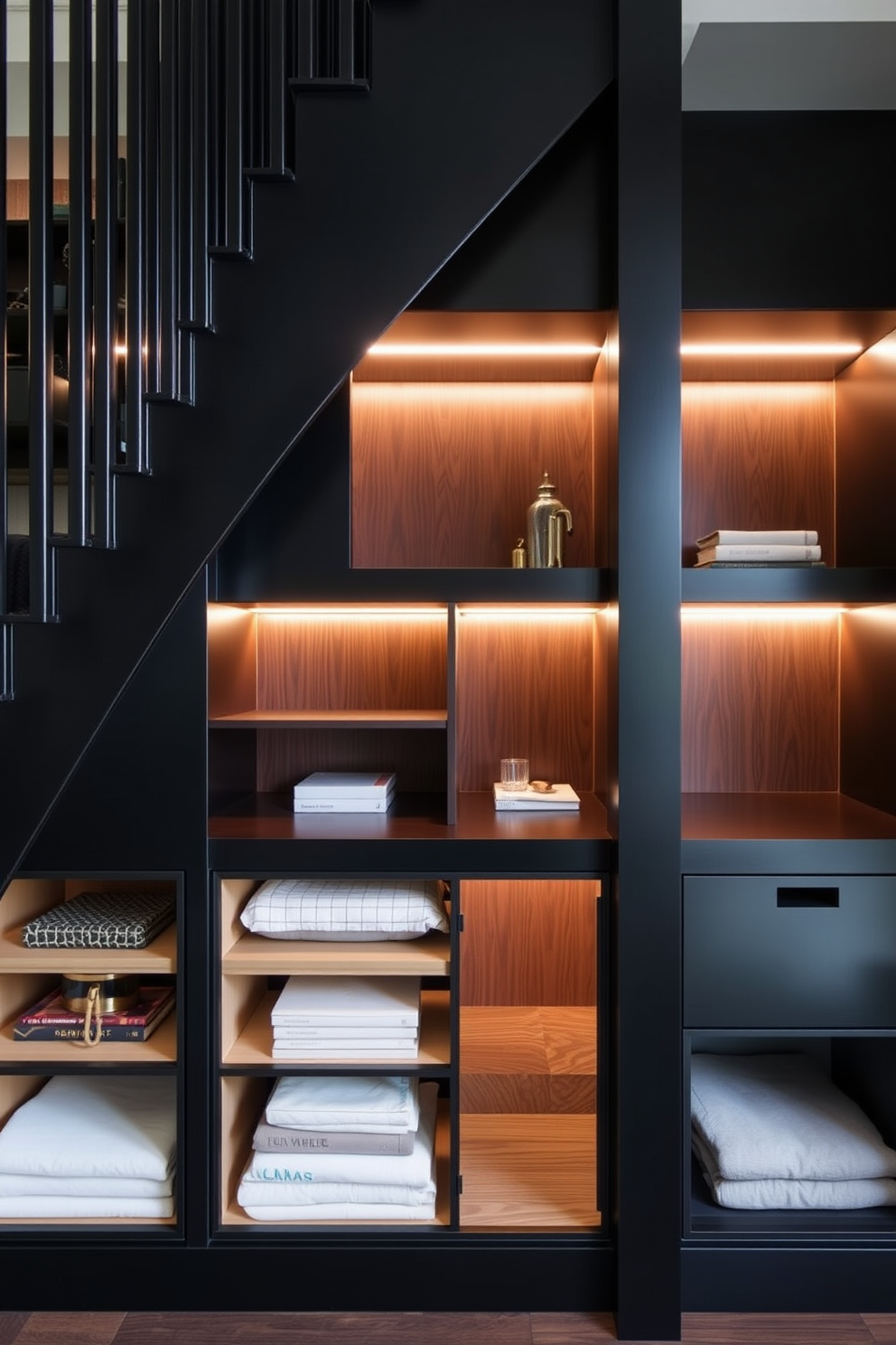 A striking black staircase seamlessly integrates innovative storage solutions beneath each step. The sleek design features a combination of open shelving and closed cabinets, providing both functionality and aesthetic appeal.