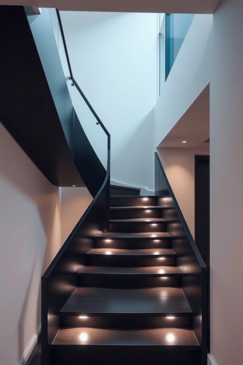 A striking open black staircase gracefully ascends, surrounded by expansive floor-to-ceiling windows that frame breathtaking panoramic views. The sleek lines of the staircase contrast beautifully with the natural light flooding the space, creating an inviting and modern atmosphere.