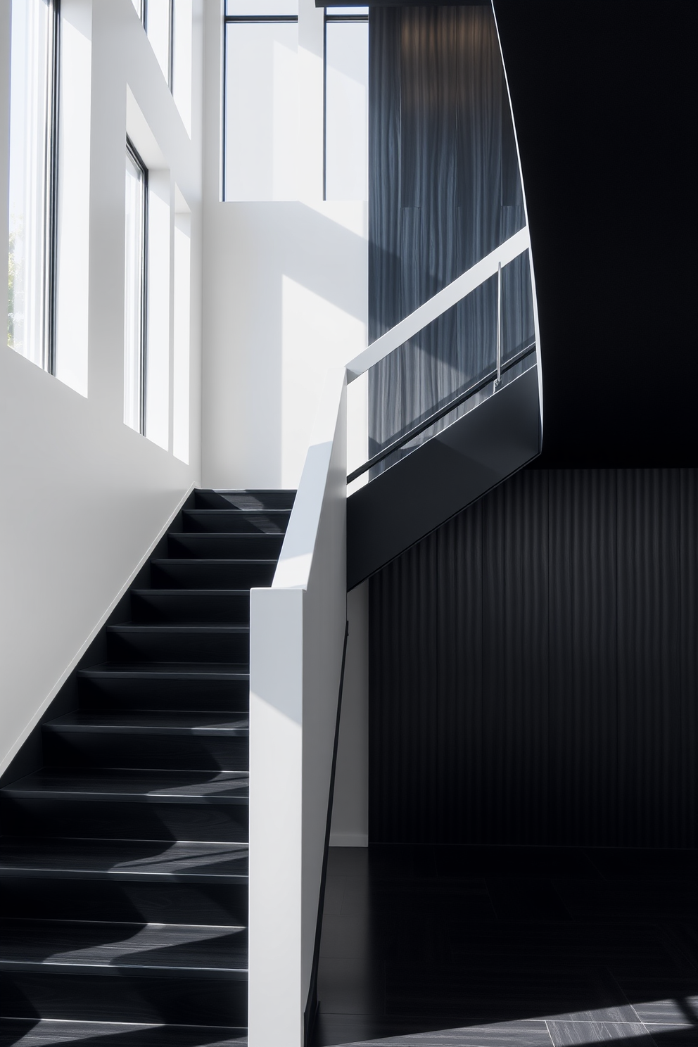 A vintage black staircase with intricate antique finishes creates a stunning focal point in any home. The handrail is adorned with ornate carvings, and the steps feature a distressed black wood that adds character and charm. The walls surrounding the staircase are painted in a soft cream, enhancing the elegance of the black staircase. Soft lighting fixtures are strategically placed to highlight the craftsmanship of the antique details.