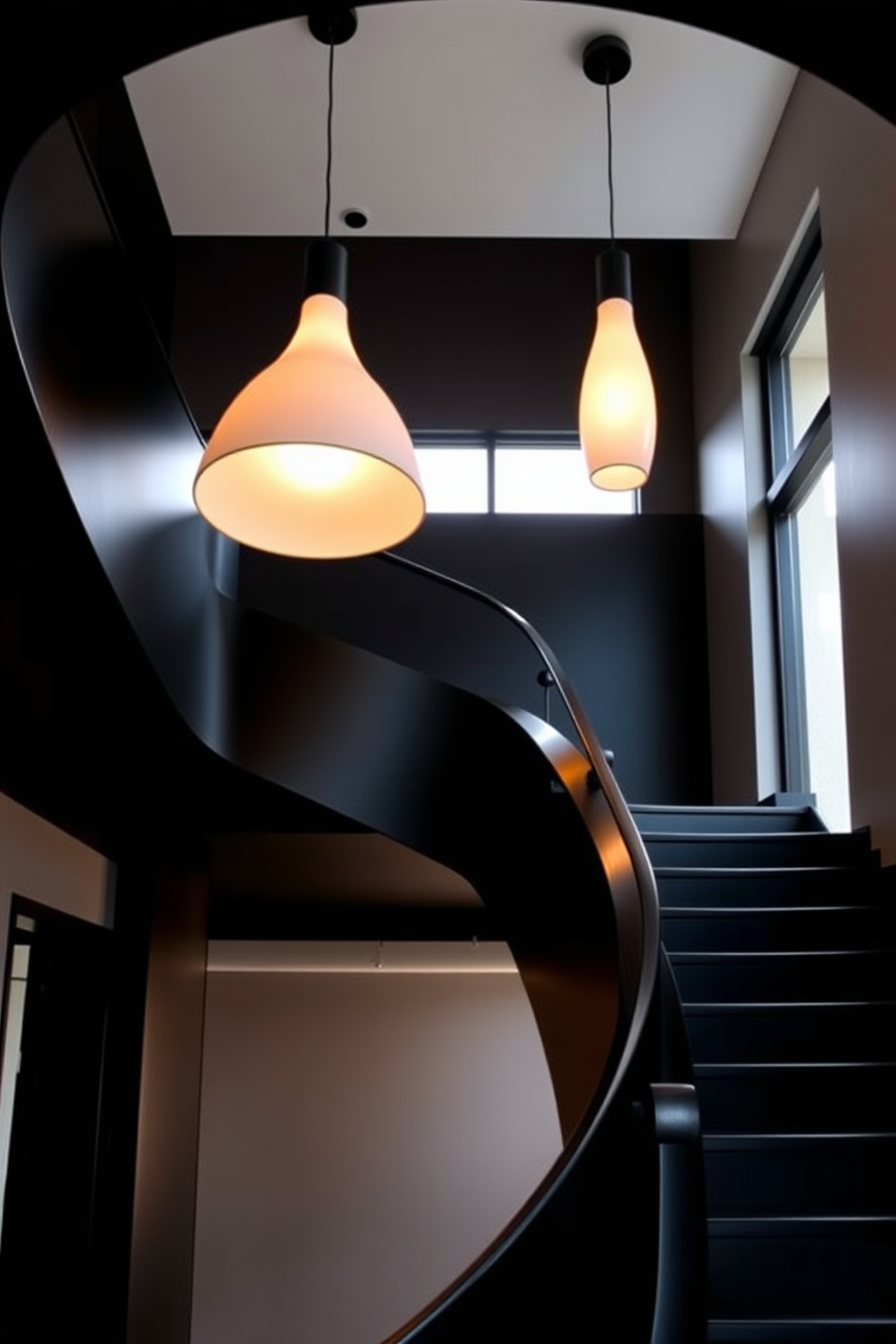 A bold black staircase elegantly curves upwards, featuring a sleek design that commands attention. Oversized pendant lights hang dramatically from the ceiling, casting warm light that highlights the staircase's striking features.