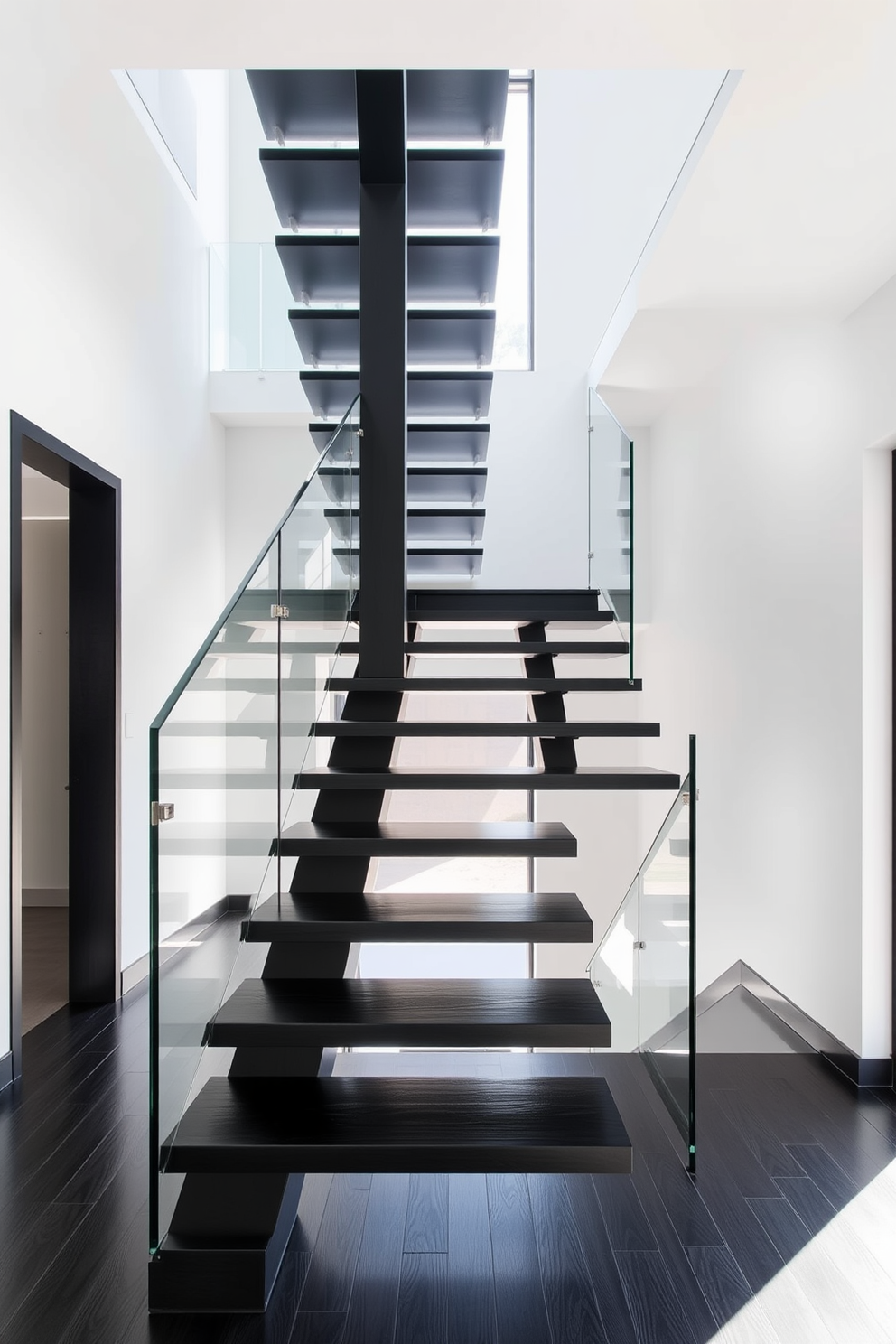 A modern black staircase features sleek lines and a minimalist aesthetic, showcasing a floating design that creates an open and airy feel. The staircase is complemented by a glass railing that enhances the contemporary look while providing safety and transparency. The treads are made of polished black wood, adding a touch of elegance and sophistication. Natural light floods the space, highlighting the staircase's striking design and creating a dramatic focal point in the room.