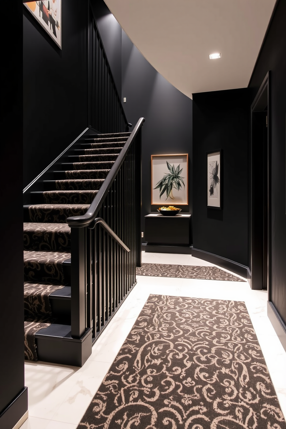 A striking black staircase features a luxurious patterned carpet runner that adds a touch of elegance. The staircase is illuminated by soft recessed lighting, highlighting its bold design and inviting atmosphere. The walls adjacent to the staircase are adorned with contemporary artwork that complements the overall aesthetic. A sleek railing in a matte finish provides safety while enhancing the modern look of the space.