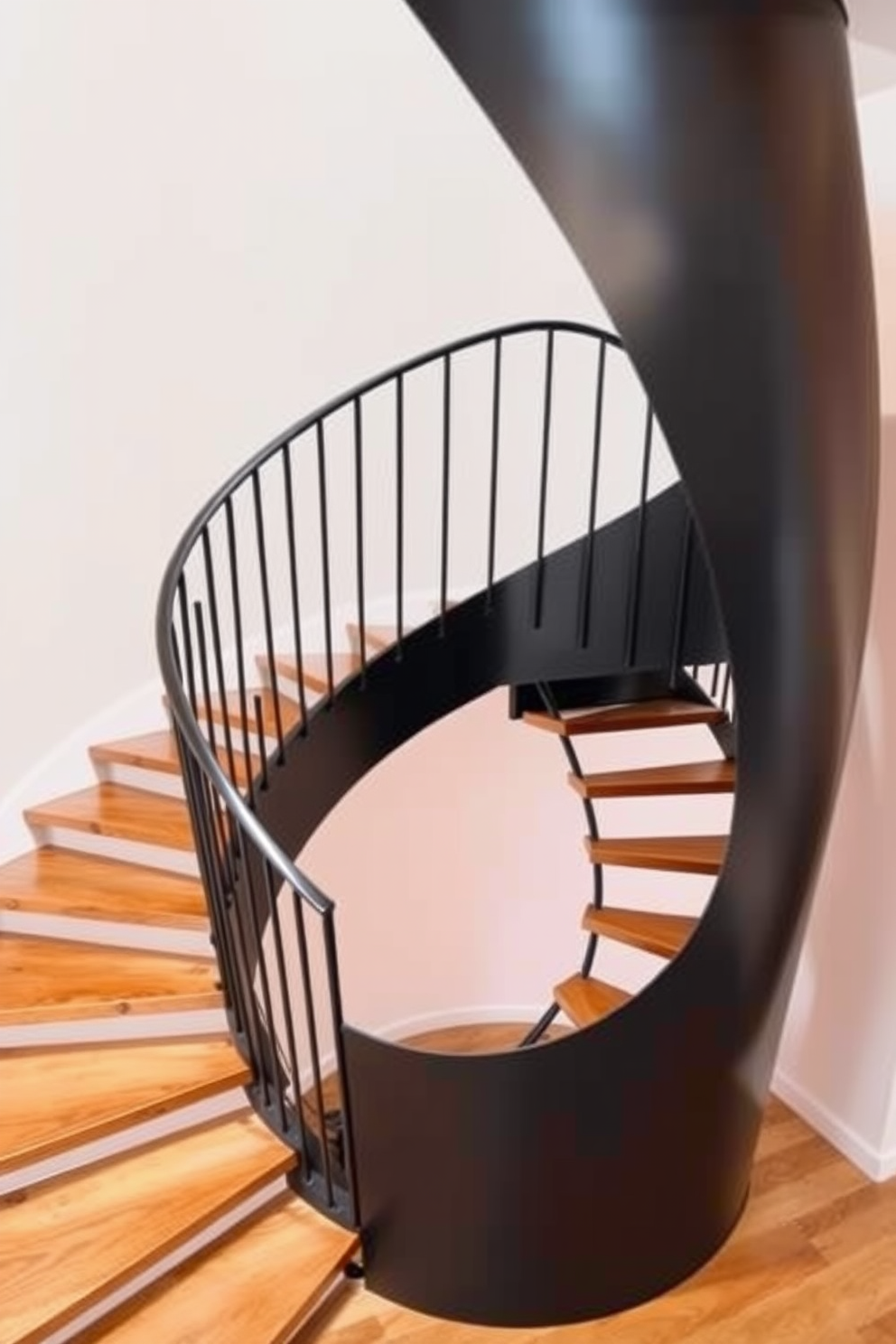 A sculptural black staircase spirals elegantly, showcasing a unique design that draws the eye. The treads are made of polished wood, contrasting beautifully with the sleek black metal railing that curves gracefully alongside.