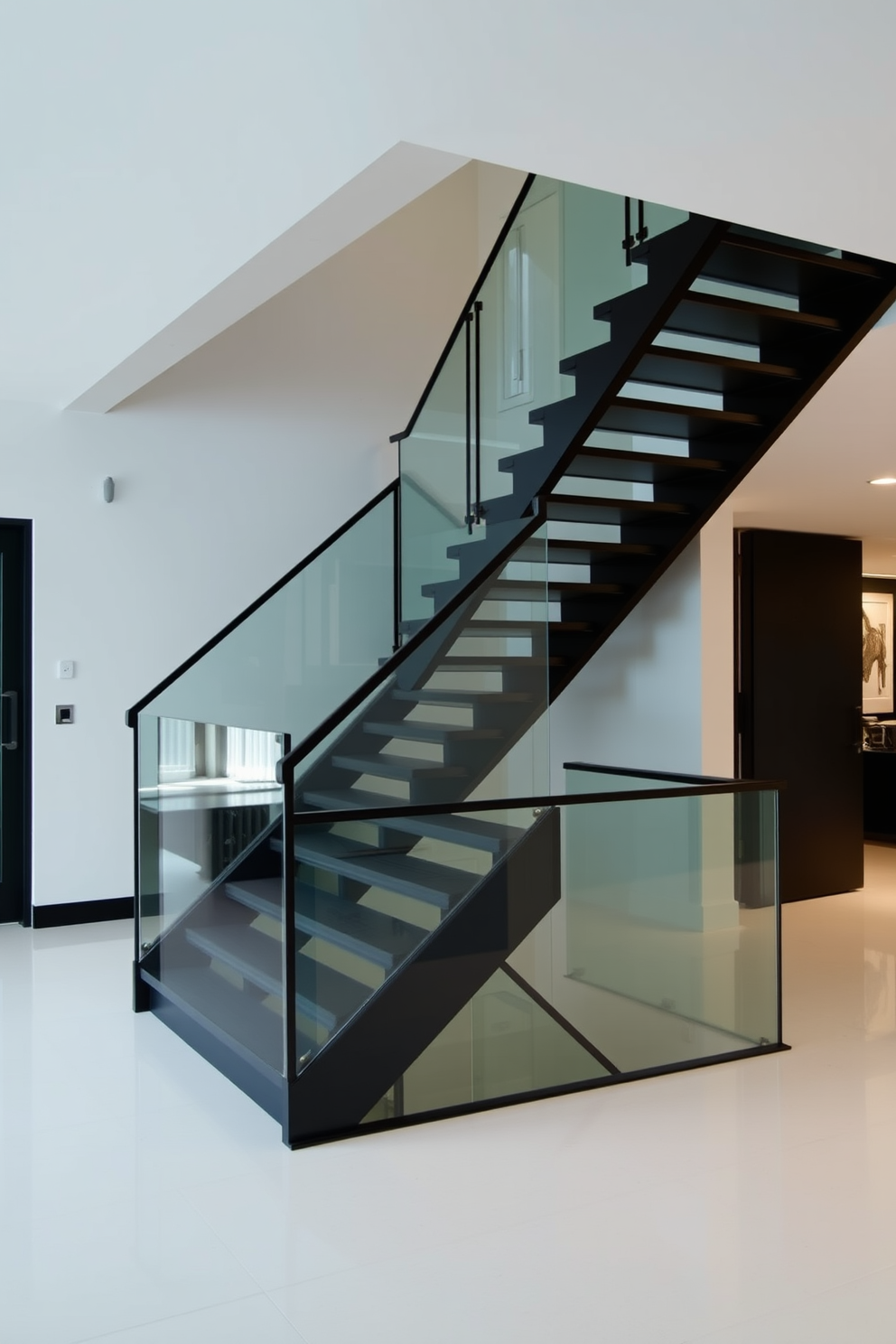 A striking black staircase with a sleek glass balustrade creates an open and airy feel in the space. The contrast of the dark staircase against the light walls enhances the modern aesthetic while providing a stunning focal point.