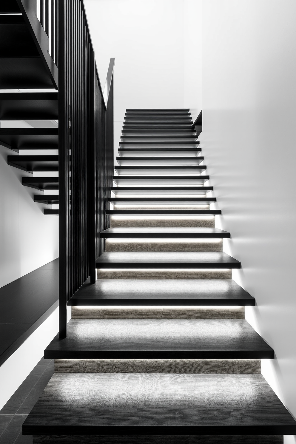 A minimalist black staircase features sleek floating steps that create an illusion of space and lightness. The staircase is surrounded by a simple white wall, enhancing the modern aesthetic and drawing attention to its elegant lines. The floating steps are crafted from solid black wood, providing a striking contrast against the bright surroundings. Soft LED lights are integrated beneath each step, illuminating the path and adding a touch of sophistication to the design.