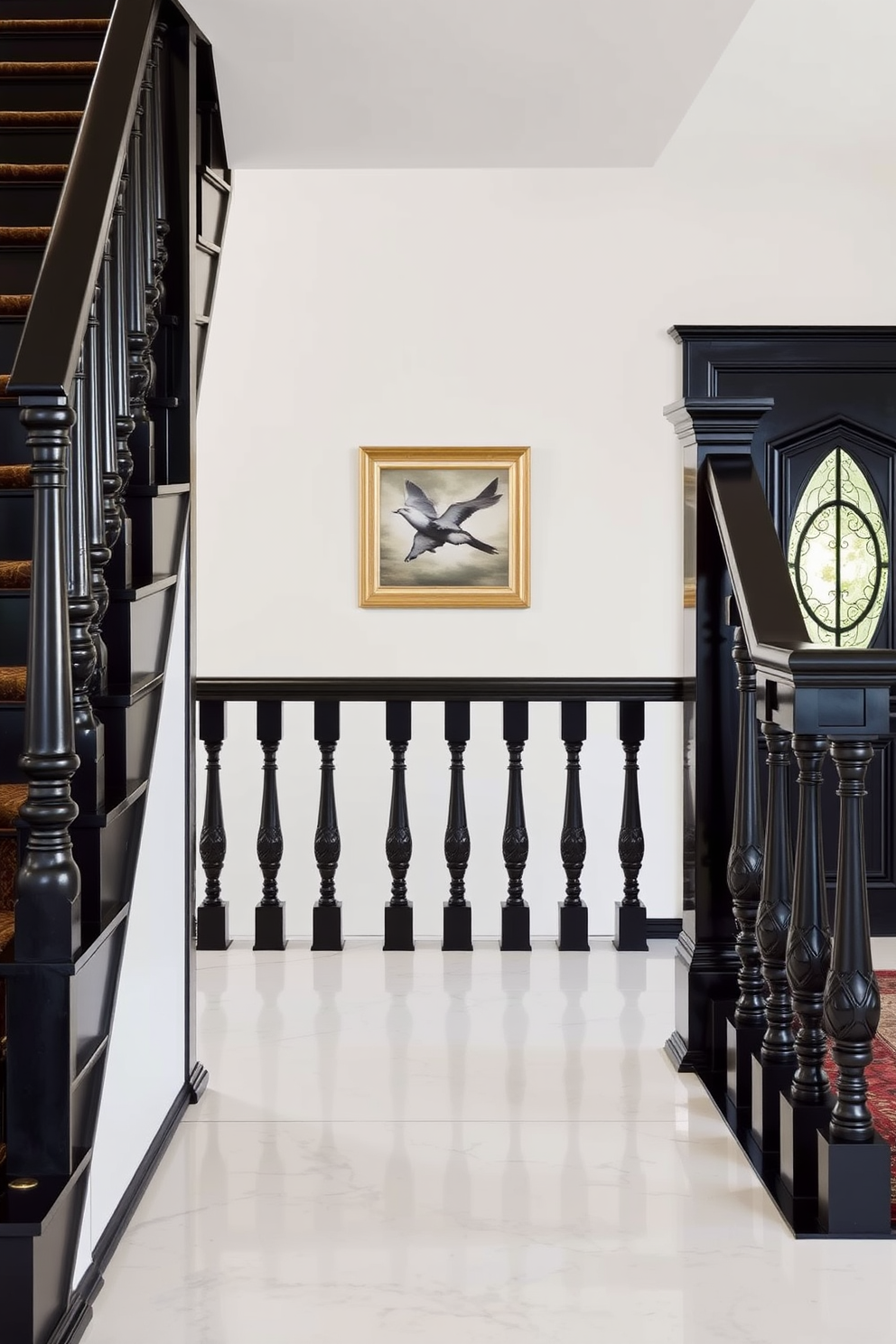 A contemporary black staircase with open risers creates a striking focal point in the entryway. The sleek lines and minimalist design are complemented by a glass railing that enhances the sense of openness. The staircase is illuminated by recessed lighting, casting soft shadows on the black treads. Below, a small potted plant adds a touch of greenery, contrasting beautifully with the modern aesthetic.