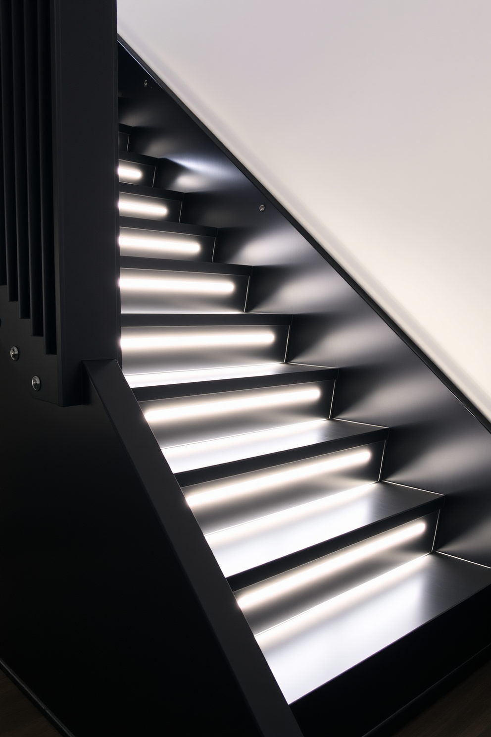 A sleek black staircase ascends gracefully, featuring a modern cable railing that enhances its contemporary aesthetic. The steps are made of polished black wood, creating a striking contrast against the light-colored walls that surround it.