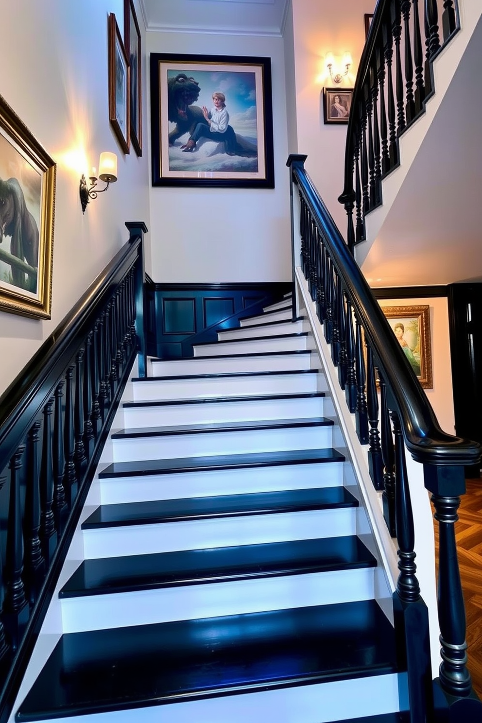 A rustic black staircase made of reclaimed wood features a sturdy handrail that complements its rugged charm. The steps are wide and inviting, showcasing the natural grain and texture of the wood, while the surrounding walls are adorned with vintage photographs, adding character to the space.