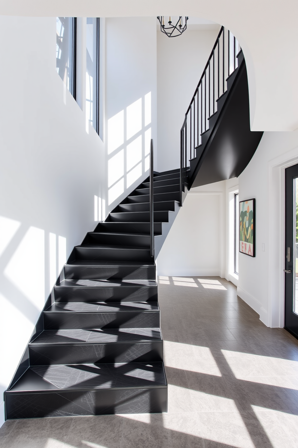 A bold black staircase with geometric patterns creates a striking focal point in the entryway. The staircase features a sleek design with sharp angles and contrasting textures that enhance the modern aesthetic. Surrounding the staircase, the walls are painted in a crisp white to emphasize the boldness of the black. Natural light floods the space through large windows, casting interesting shadows on the geometric patterns.