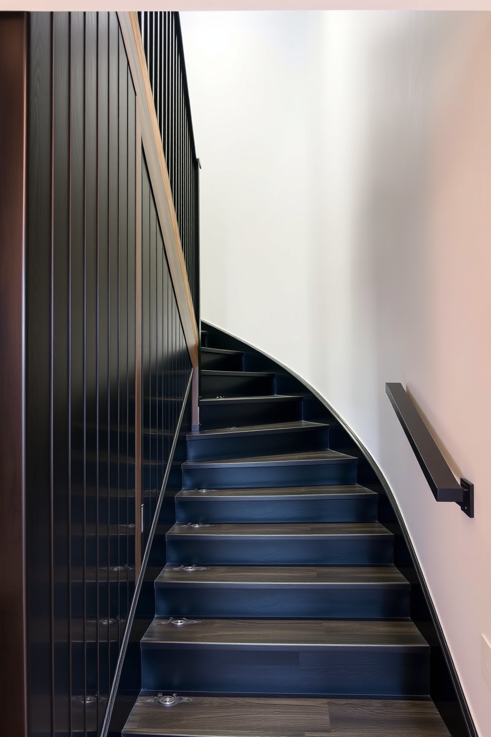 A stylish black staircase features sleek lines and reclaimed wood accents that add warmth and character. The staircase is illuminated by soft recessed lighting, creating a striking contrast against the dark finish.