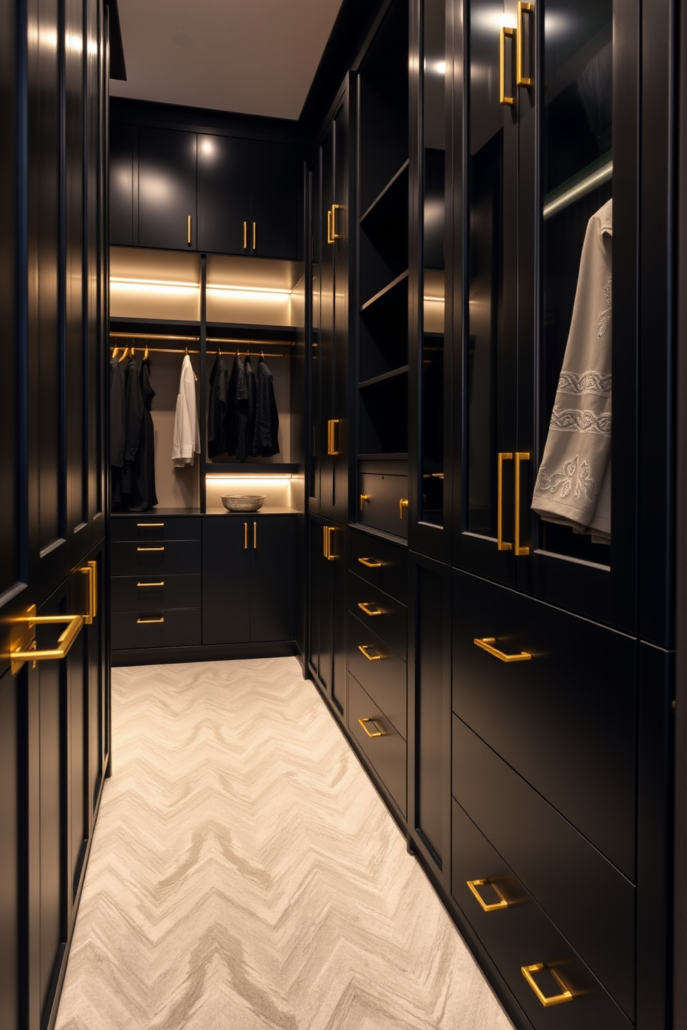 A sleek black walk-in closet features cabinetry with gold accents that enhance its modern aesthetic. The space is organized with open shelving, elegant hanging rods, and soft lighting that highlights the luxurious finishes.