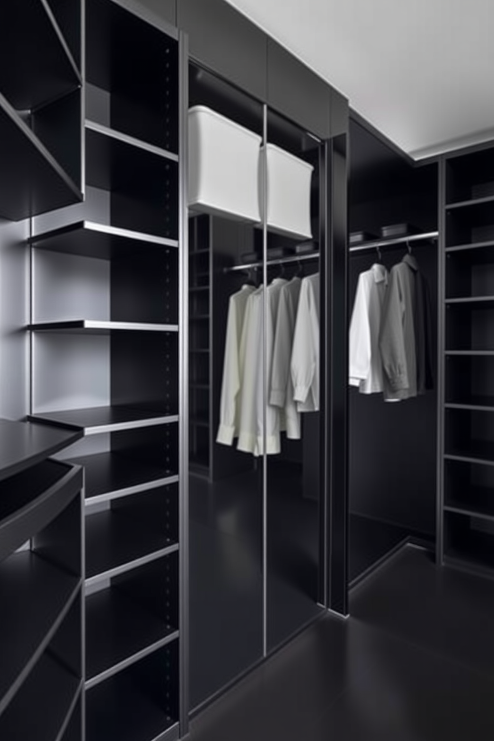 A sleek black walk-in closet featuring floor-to-ceiling shelving and hanging space. The walls are painted in a matte black finish, creating a dramatic backdrop for the minimalist design.