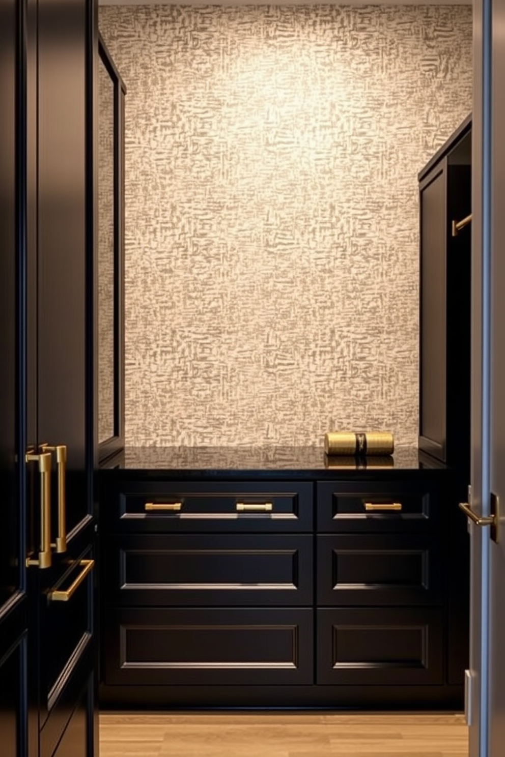 Textured black wall panels create a striking backdrop that adds depth and sophistication to the space. The walk-in closet features sleek shelving and hanging options, allowing for organized storage while maintaining a luxurious feel.