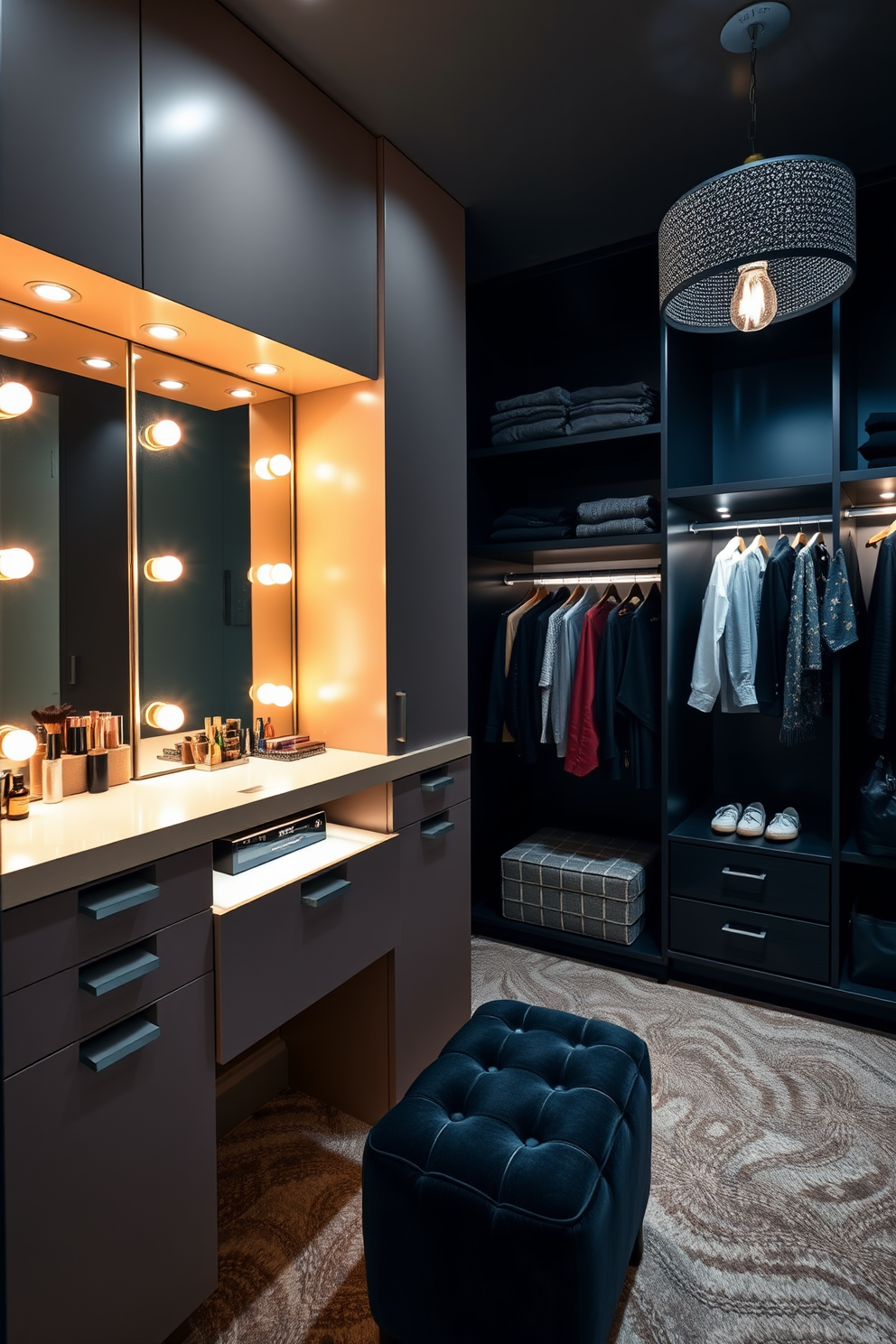 A stylish integrated makeup vanity featuring ample lighting is designed with a sleek countertop and organized storage for cosmetics. The space is illuminated by soft, warm lights that enhance the overall aesthetic and functionality. The black walk-in closet showcases modern design elements with custom shelving and hanging space. Elegant details, such as a plush ottoman and chic lighting fixtures, create a luxurious atmosphere for organizing and displaying clothing.