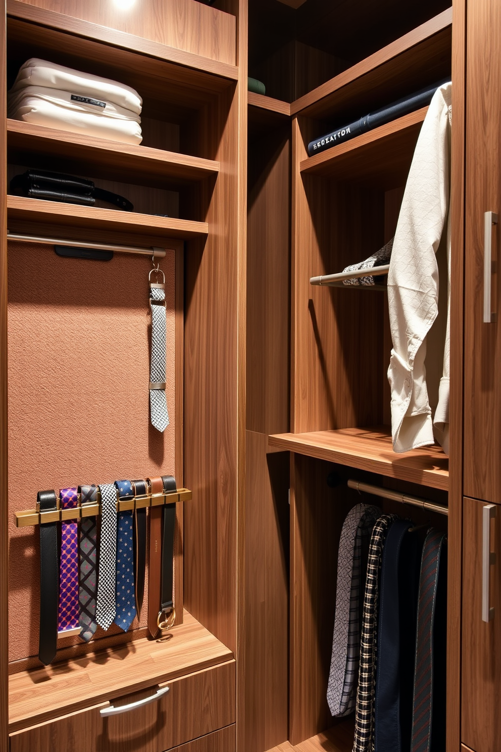 A stylish walk-in closet featuring elegant tie and belt organizers. The organizers are crafted from sleek wood with a modern finish, providing ample space for accessories while maintaining a clean aesthetic.