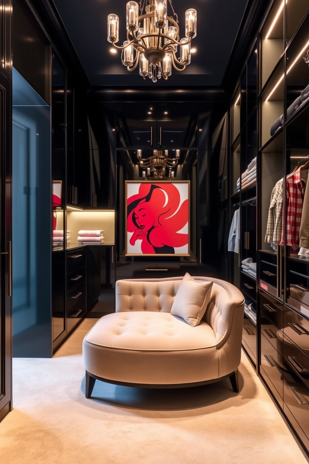 A luxurious walk-in closet featuring sleek black cabinetry and ample storage space. The design includes a plush seating area with a statement chandelier above, creating an inviting atmosphere. Bold artwork adorns the walls, adding a vibrant touch to the sophisticated design. The closet is illuminated with soft lighting, highlighting the elegant finishes and textures throughout the space.