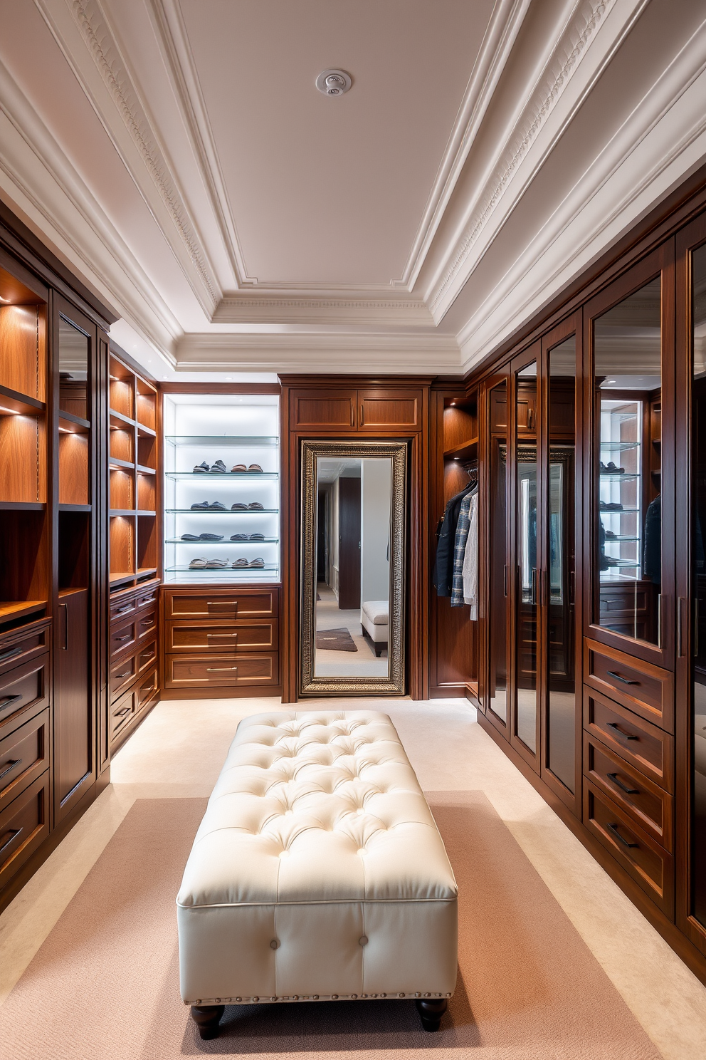 A luxurious walk-in closet featuring elegant crown molding that adds sophistication to the overall design. The space is illuminated by soft lighting, highlighting custom shelving and a plush ottoman in the center. Rich wooden cabinetry provides ample storage while maintaining a sleek aesthetic. A full-length mirror is strategically placed to enhance the feeling of openness and style.