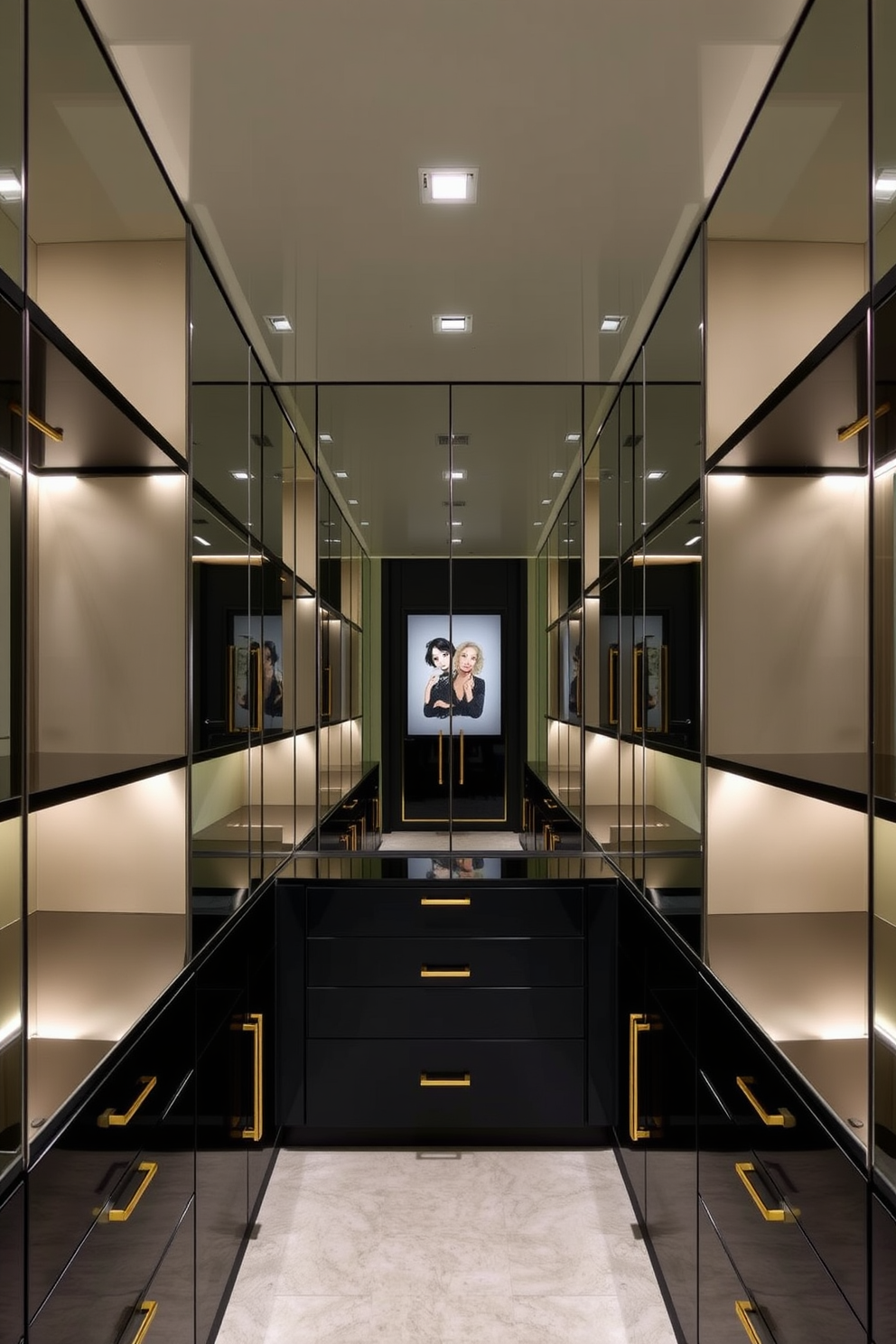 A luxurious walk-in closet featuring floor-to-ceiling mirrors that create an illusion of spaciousness. The design includes sleek black cabinetry with gold accents, providing a modern aesthetic while maximizing storage efficiency.