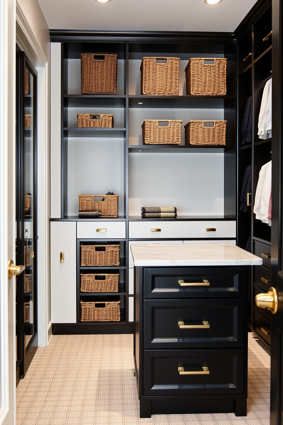 Smart storage solutions for small spaces. A sleek built-in shelving unit maximizes vertical space while incorporating baskets for organization. Black walk-in-closet design ideas. The closet features elegant black cabinetry with gold hardware and a central island for added storage and display.