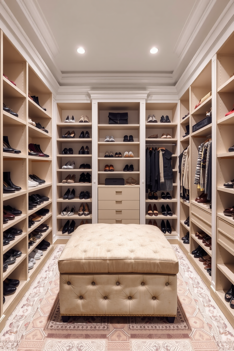 A luxurious walk-in closet featuring open shelving with contrasting white trim. The shelves are filled with neatly organized shoes and accessories, while a plush ottoman sits in the center for comfort.