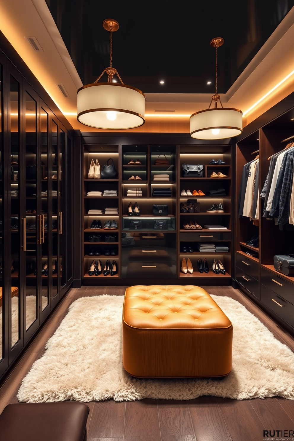 A luxurious walk-in closet featuring sleek black cabinetry and warm wooden accents. The space is illuminated by elegant pendant lights that create a cozy atmosphere, while a plush area rug adds comfort underfoot. The closet includes a combination of hanging space and shelving, showcasing a curated collection of designer shoes and accessories. A stylish ottoman in a warm wood finish provides a perfect spot for seating while getting dressed.