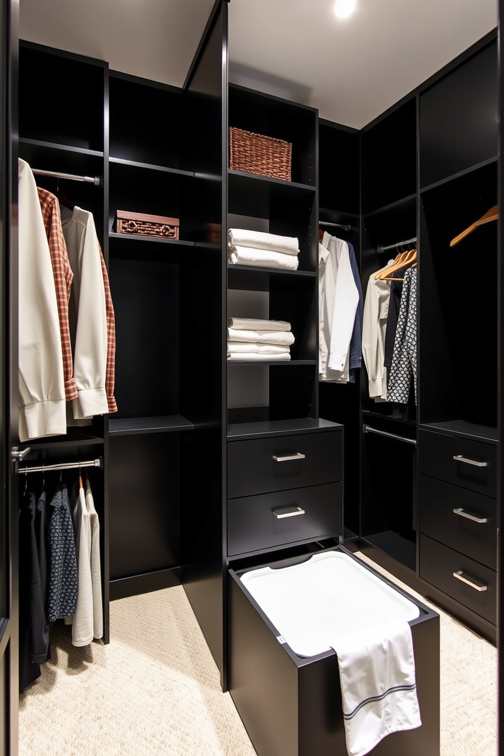 A luxurious walk-in closet featuring an accent wall adorned with elegant wallpaper in a subtle geometric pattern. The remaining walls are painted in a soft neutral shade, creating a harmonious backdrop for the stylish shelving and hanging space. The closet is fitted with custom cabinetry that includes ample storage for shoes and accessories. Soft lighting highlights the rich textures of the materials, while a plush area rug adds warmth and comfort underfoot.