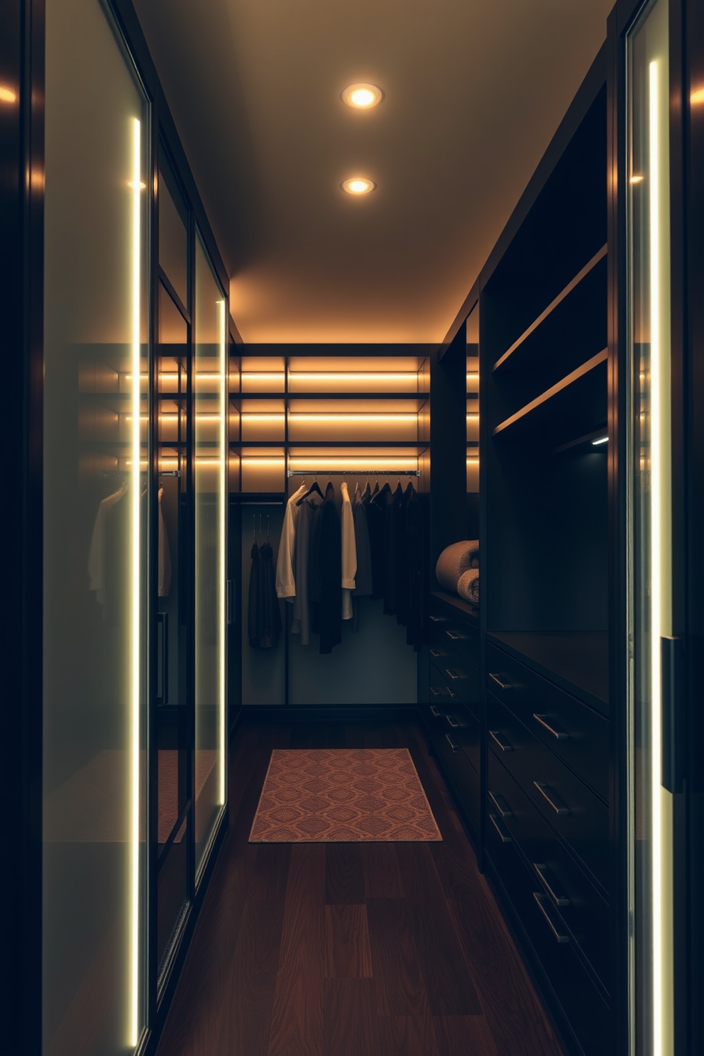 A luxurious walk-in closet featuring multi-tiered hanging rods that maximize storage and versatility. The design incorporates sleek black cabinetry with integrated lighting to enhance visibility and showcase the elegant organization of clothing and accessories.