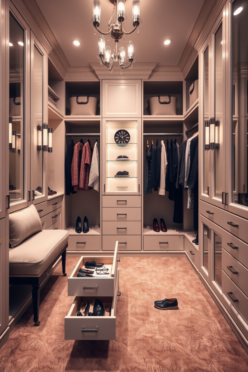 A luxurious walk-in closet featuring hidden compartments for discreet storage. The design includes sleek black cabinetry with integrated drawers and shelves, maximizing space while maintaining a clean aesthetic. Soft ambient lighting highlights the rich textures of the materials used. A plush area rug adds warmth and comfort to the space, creating an inviting atmosphere.