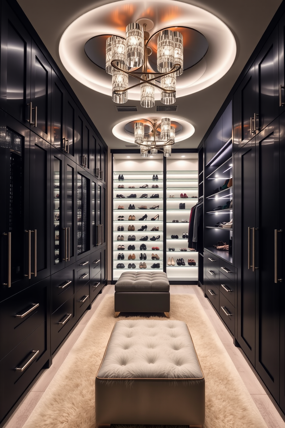 A stunning walk-in closet design featuring sleek black cabinetry and polished chrome hardware. The space is illuminated by unique ceiling fixtures that create a dramatic effect, enhancing the luxurious feel of the closet. The walls are adorned with soft, ambient lighting that highlights the organized shelving and shoe displays. A plush area rug adds warmth, while a stylish ottoman provides a comfortable seating option for trying on shoes.