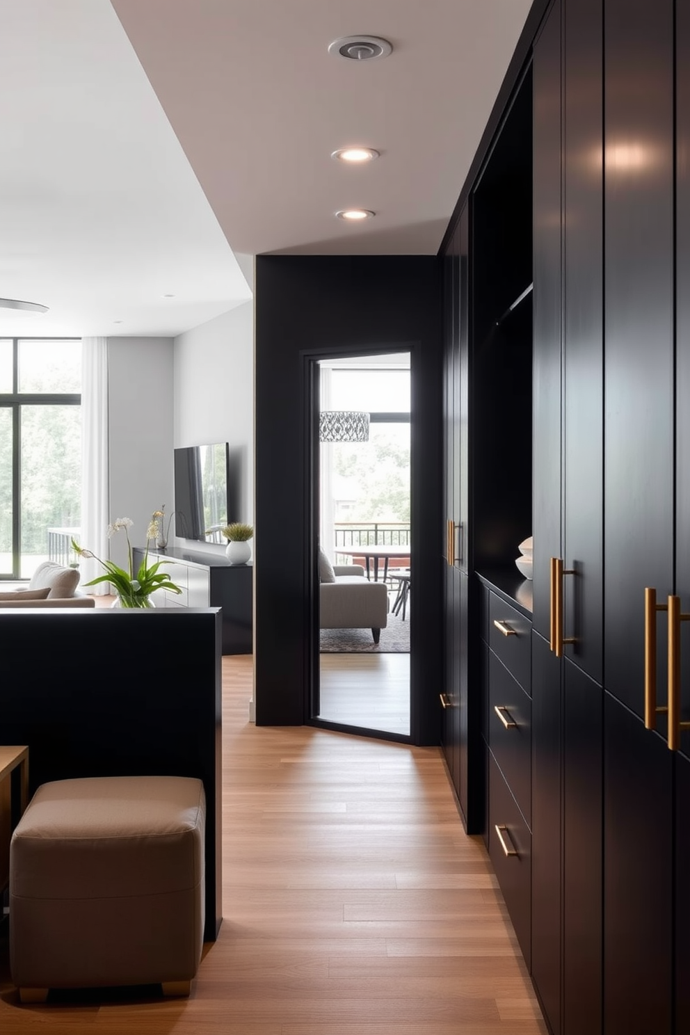 A black walk-in closet features elegant decorative baskets for stylish organization. The baskets are arranged on sleek shelving, adding texture and sophistication to the space.