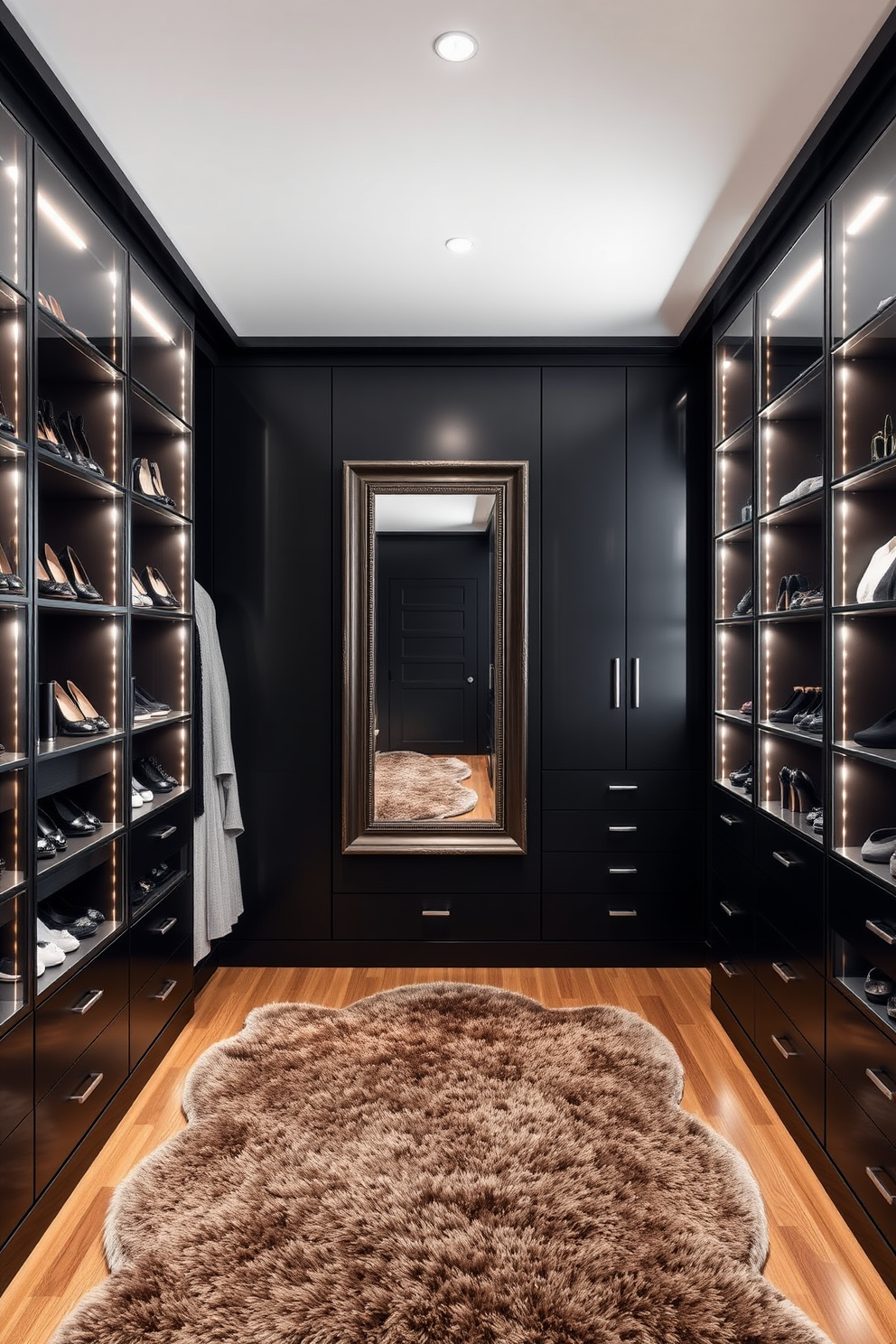 A stylish walk-in closet featuring a sleek black color scheme. The space is defined by a plush accent rug that adds warmth and texture to the room. Custom shelving units line the walls, showcasing an organized display of shoes and accessories. A full-length mirror with elegant framing enhances the luxurious feel of the closet.