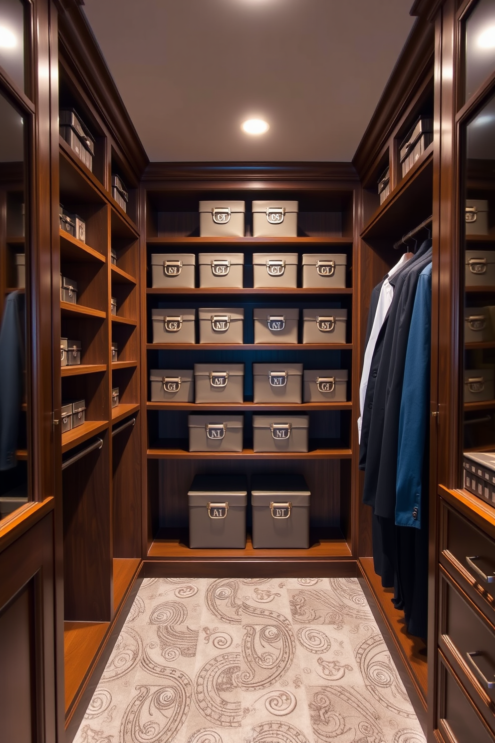 A chic walk-in closet designed with a monochromatic color scheme. The walls are painted in a soft gray, while the cabinetry features sleek black finishes for a modern touch. Ample hanging space is provided with elegant wooden hangers, and the flooring is a plush cream carpet that adds warmth. Accent lighting illuminates the space, highlighting the coordinated clothing displayed on open shelves and in neatly organized drawers.