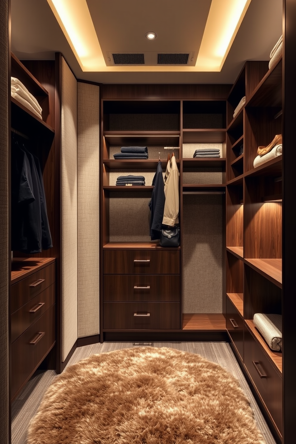 A sleek black walk-in closet featuring integrated tech for modern convenience. The space includes smart lighting that adjusts with motion sensors and a built-in sound system for an immersive experience. Custom shelving units line the walls, showcasing designer shoes and accessories. A plush ottoman sits in the center, providing a comfortable spot for dressing and styling.