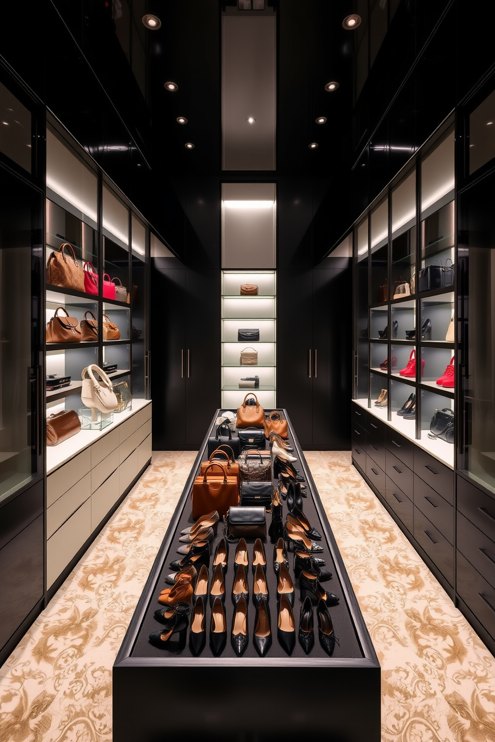 A luxurious black walk-in closet featuring sculptural displays for handbags and shoes. The walls are lined with sleek black cabinetry, and a central island showcases an elegant arrangement of designer handbags and shoes.