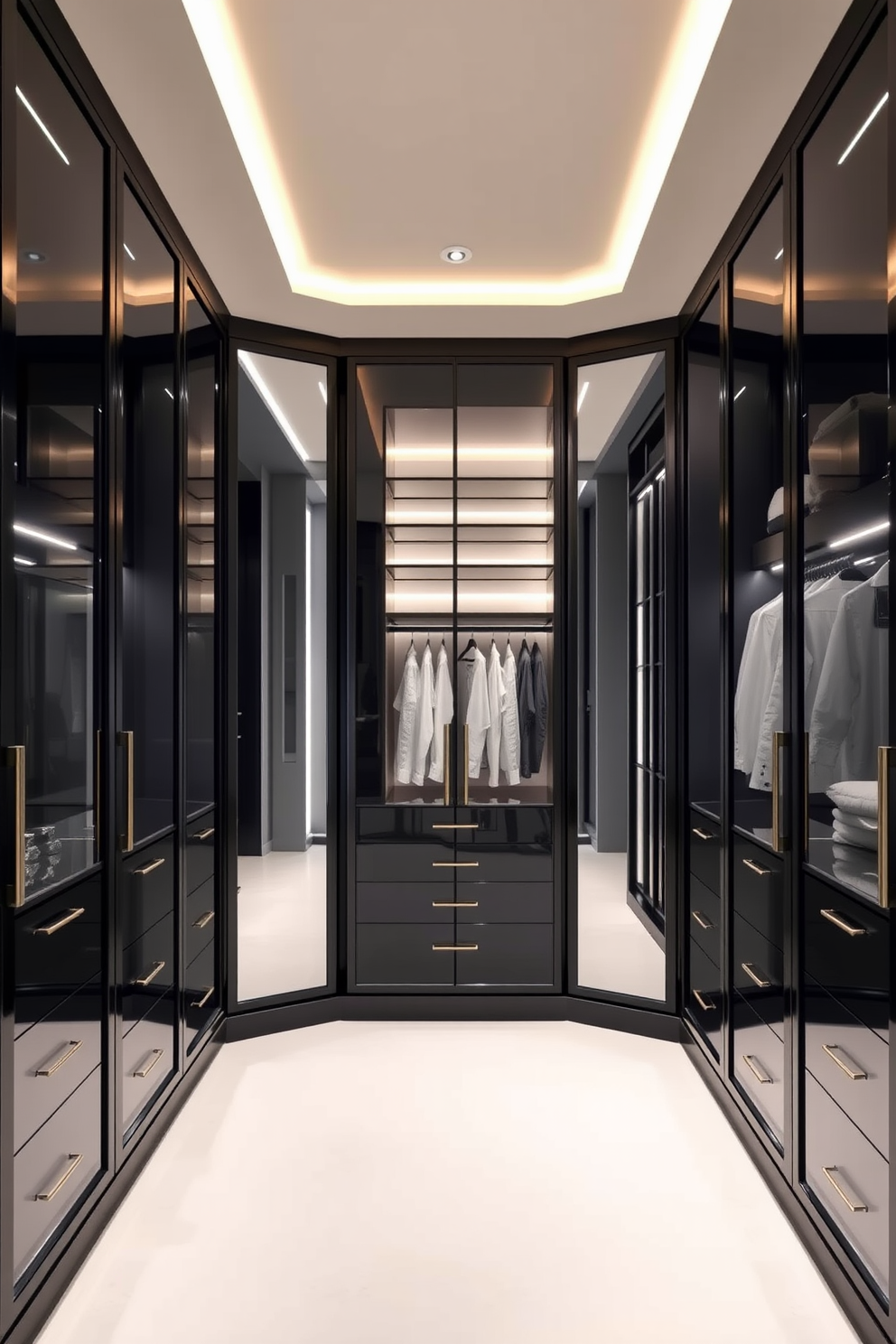 A stylish walk-in closet featuring black and white striped wallpaper as the backdrop. The space includes custom shelving for shoes and accessories, with a central island topped with a sleek black countertop for added functionality.