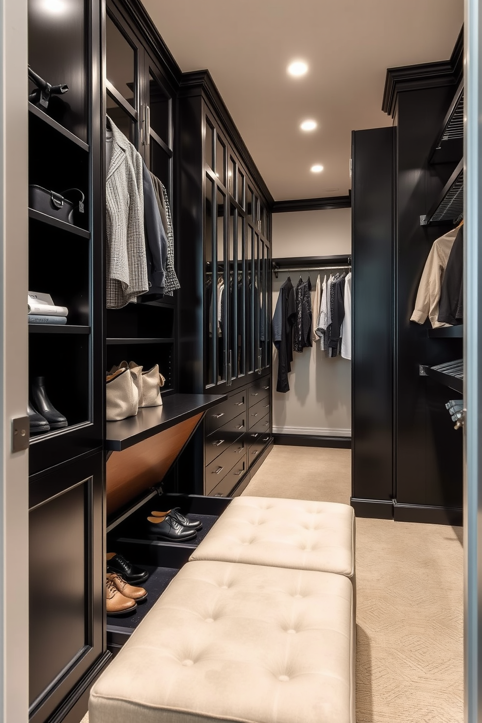 Functional seating with hidden storage. The seating area features a plush upholstered bench with a lift-up top that reveals ample storage space for shoes and accessories. Black Walk-In-Closet Design Ideas. The closet is designed with sleek black cabinetry, including hanging rods and shelves, creating a modern and organized space for clothing and shoes.