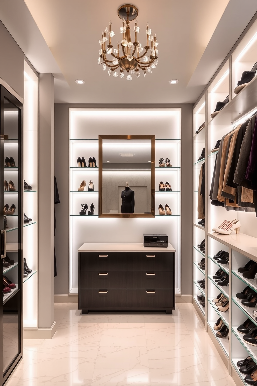 A luxurious walk-in closet featuring built-in lighting that elegantly highlights an array of shoe displays. The walls are adorned with soft gray tones, while the flooring is a polished white marble that enhances the overall sophistication.