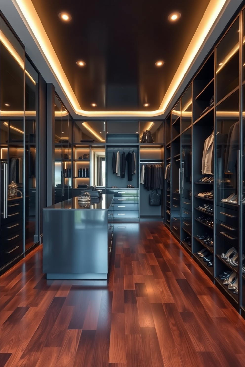 A luxurious walk-in closet featuring floor to ceiling mirrors that create an expansive and open atmosphere. The closet is designed with sleek black cabinetry and elegant lighting that enhances the modern aesthetic.