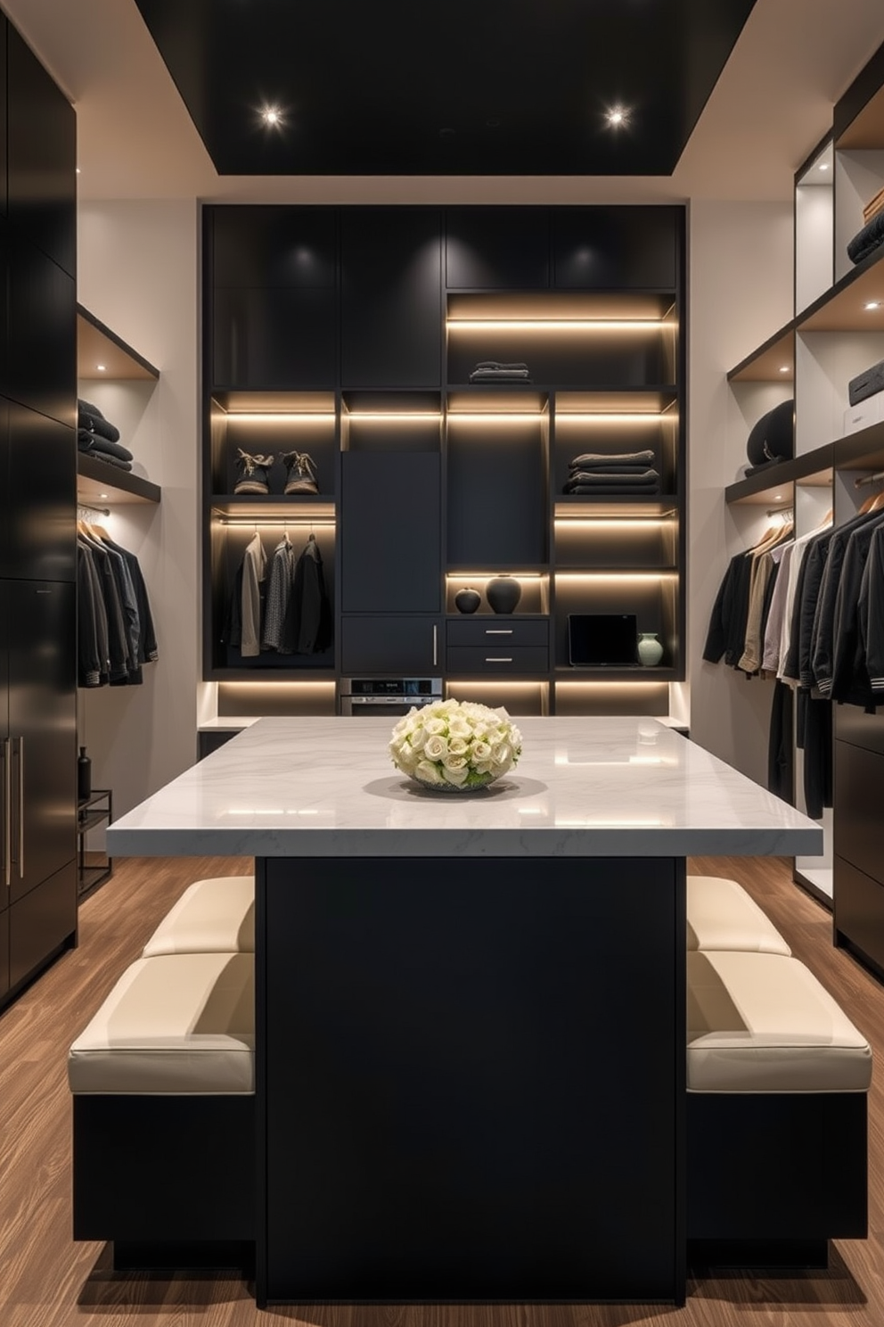 A luxurious walk-in closet featuring rich black velvet curtains that add depth and texture to the space. The closet is designed with sleek black cabinetry, ample hanging space, and elegant lighting to create a sophisticated atmosphere.