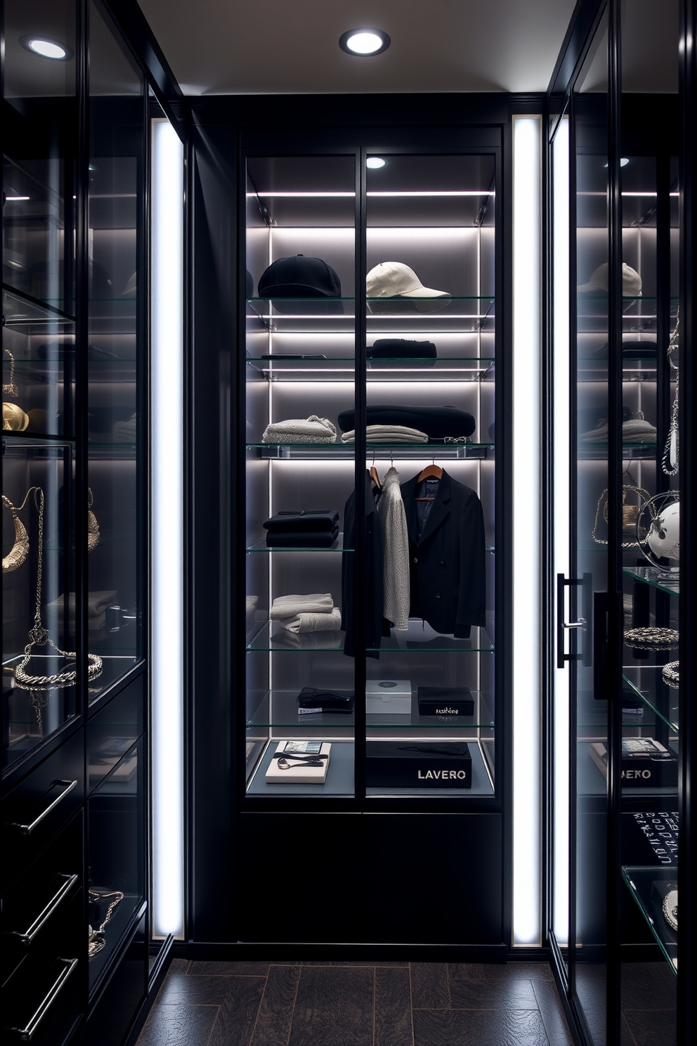 A sleek black walk-in closet features glass display cases elegantly showcasing accessories. The walls are adorned with a soft ambient light, creating a luxurious atmosphere while maximizing storage space.