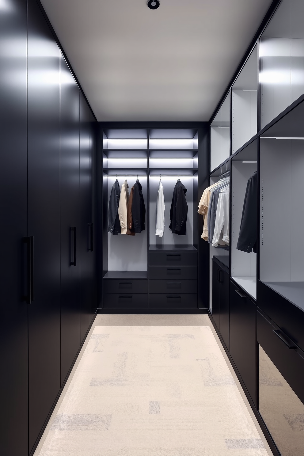 A minimalist walk-in closet features sleek cabinetry with a matte black finish and integrated lighting that highlights the clean lines. The space is organized with open shelving and hanging rods that create an airy feel, complemented by a simple, neutral rug underfoot.