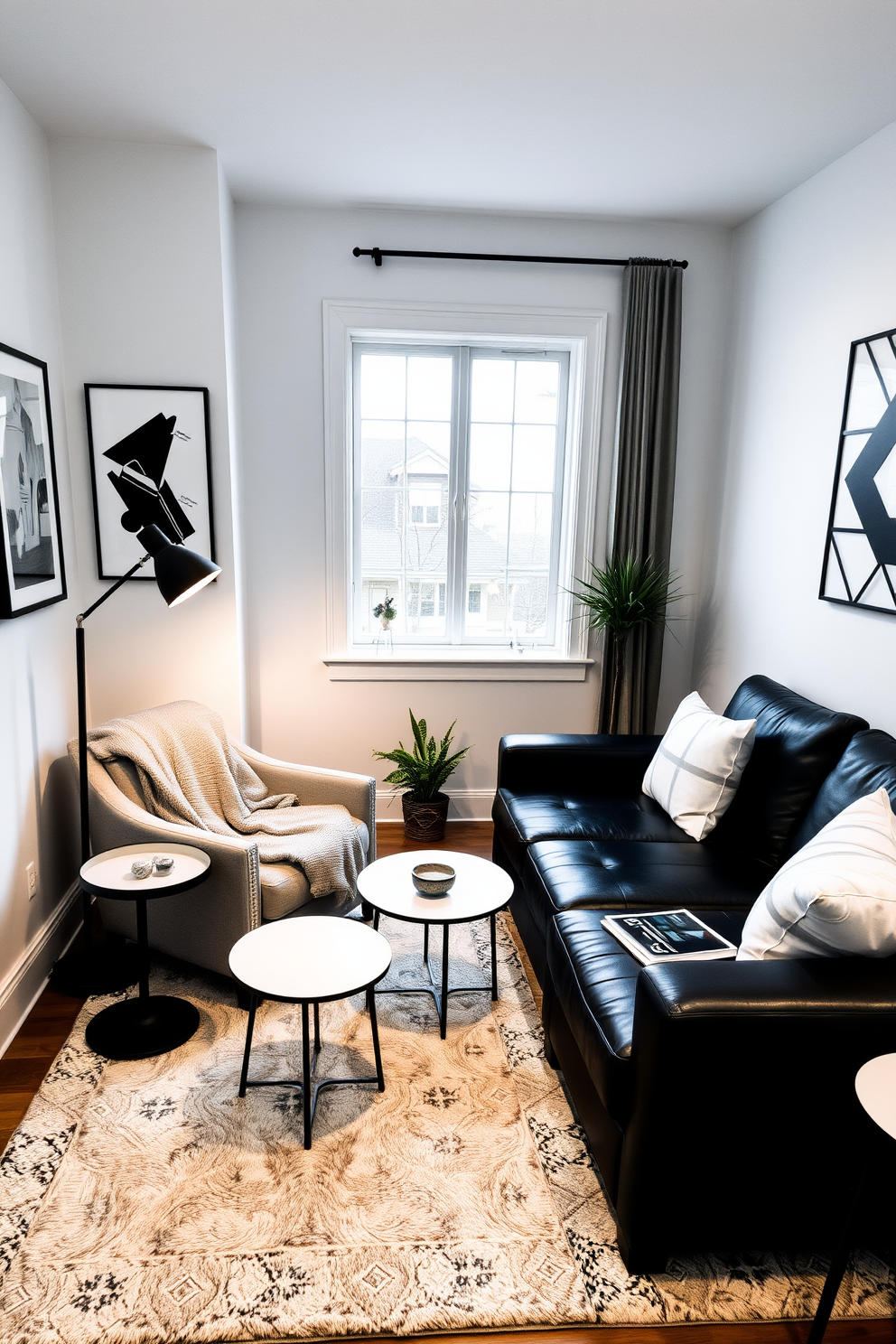 Cozy black and white reading nook. A plush armchair is positioned in the corner, draped with a soft gray throw blanket, next to a small round side table holding a steaming cup of tea. The walls are adorned with black and white artwork, and a large window allows natural light to fill the space. A stylish floor lamp stands nearby, providing warm illumination for evening reading sessions. Black and white basement design ideas. The space features a sleek sectional sofa in black leather, complemented by white accent pillows and a minimalist coffee table. The walls are painted in a crisp white, with one accent wall featuring a bold black geometric pattern. A cozy area rug anchors the seating area, creating an inviting atmosphere for relaxation and entertainment.